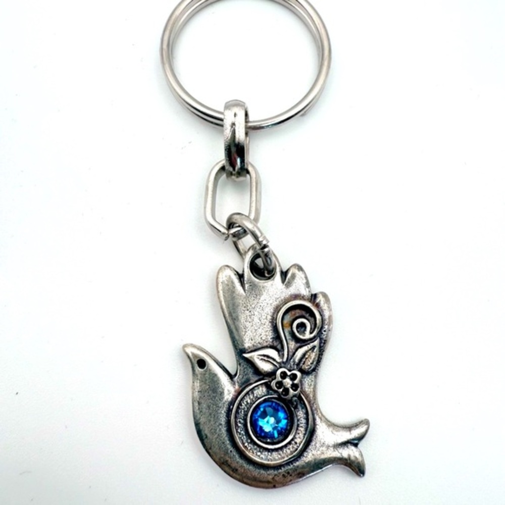 NIB Silver Tone Dove with Olive Branch Keychain Blue Gem Accent Engraved “Isram”